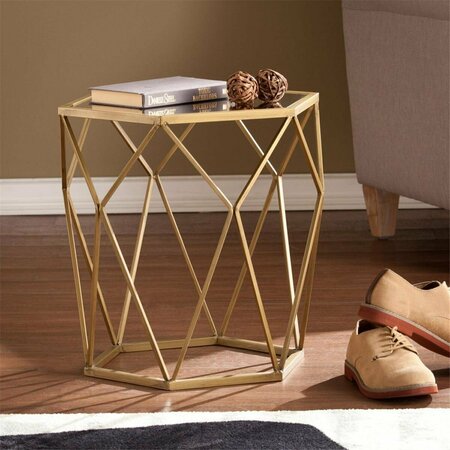 HOMEROOTS 19 in. Reflective Glass Hexagon Mirrored End Table, Gold 402267
